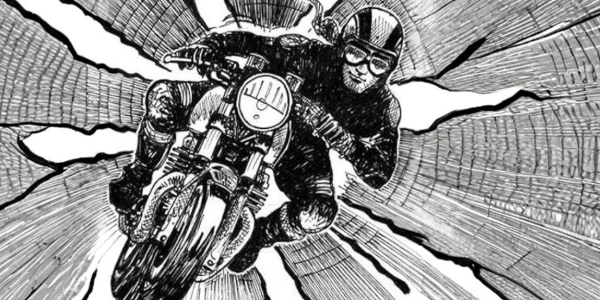 Illustrazione di un motociclista in piega, tratta dal libro "La curva perfetta"